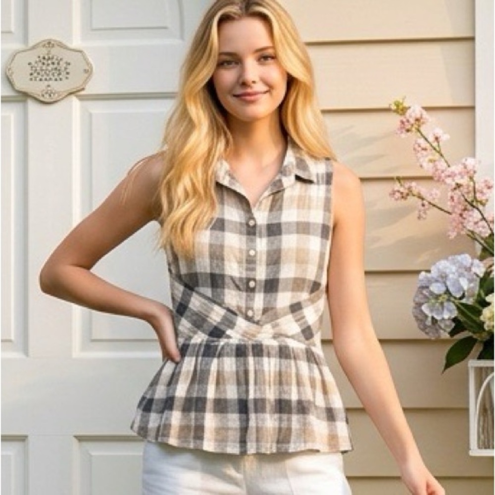11.1. Thylo Plaid Peplum Gauzy Womens Top Small Cotton Western Cottage Boho Chic